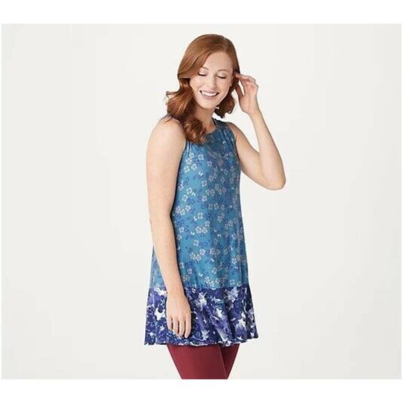 LOGO Layers Lori Goldsten Knit Tank XXS Blue Floral Double Layer Print NWOT - Picture 1 of 6